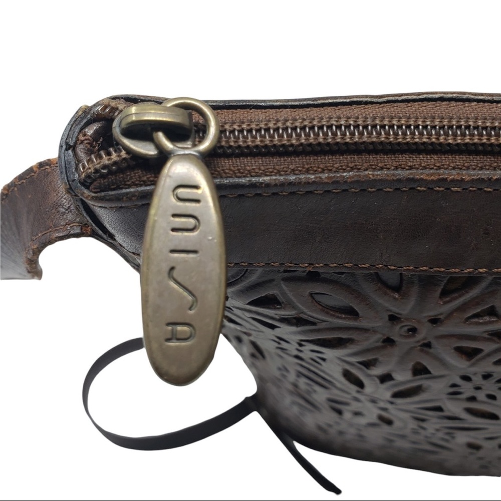Unisa Brown Leather Purse Laser Cut Floral Pattern Zipper Close. - Picture 3 of 10